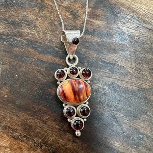 Native American necklace in spiny oyster and garnet sterling